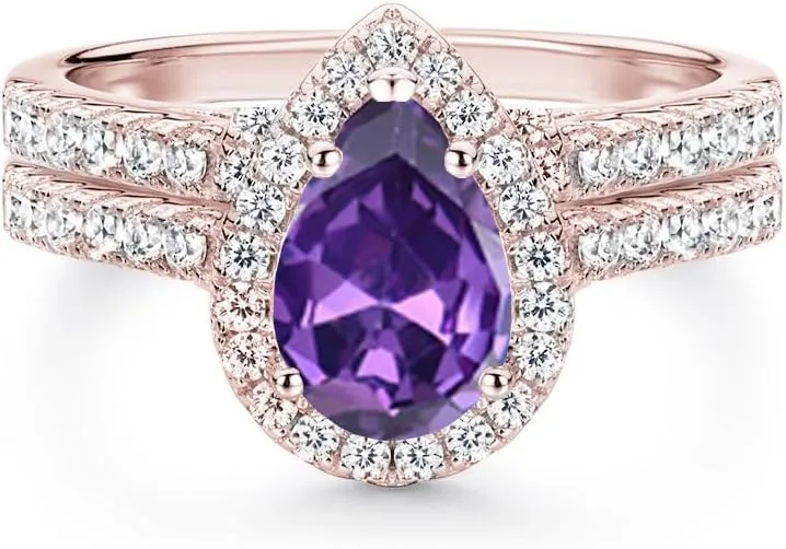 10K /14K /18K Solid Gold Gemstone Engagement Ring Sets for Women, 1/2/3 Carats Pear Shape Birthstone Bridal Wedding Ring Sets for Her Free Engraved