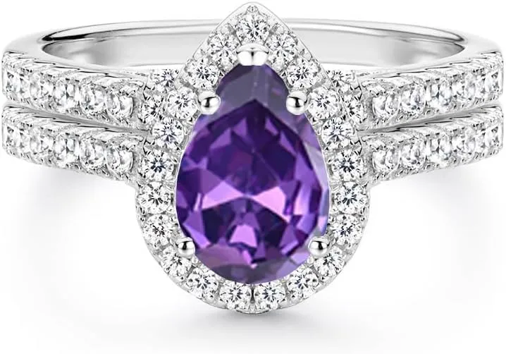10K /14K /18K Solid Gold Gemstone Engagement Ring Sets for Women, 1/2/3 Carats Pear Shape Birthstone Bridal Wedding Ring Sets for Her Free Engraved