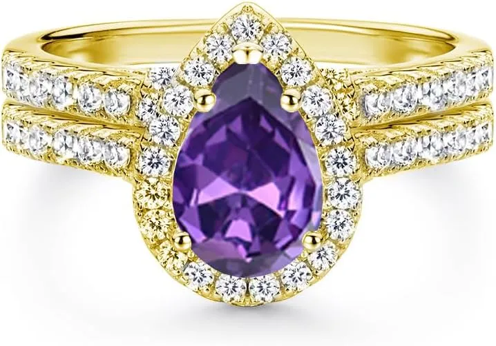 10K /14K /18K Solid Gold Gemstone Engagement Ring Sets for Women, 1/2/3 Carats Pear Shape Birthstone Bridal Wedding Ring Sets for Her Free Engraved