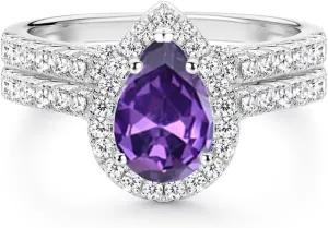 10K /14K /18K Solid Gold Gemstone Engagement Ring Sets for Women, 1/2/3 Carats Pear Shape Birthstone Bridal Wedding Ring Sets for Her Free Engraved