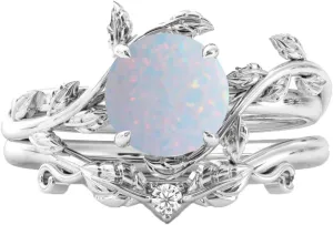 10K 14K 18K Solid Gold Leaf Vine Gemstone Engagement Ring Set with Natural Diamond for Women Art Deco Leaf Birthstone Ring Set Bridal Set for Her