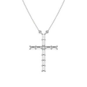 10K White Gold 1/4 Ct.Tw. Diamond Round and Baguette Cross Necklace