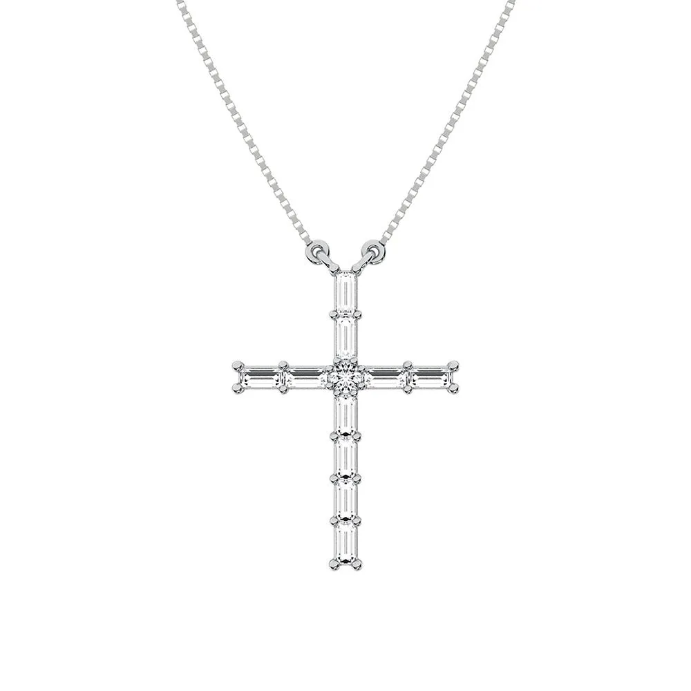 10K White Gold 1/4 Ct.Tw. Diamond Round and Baguette Cross Necklace
