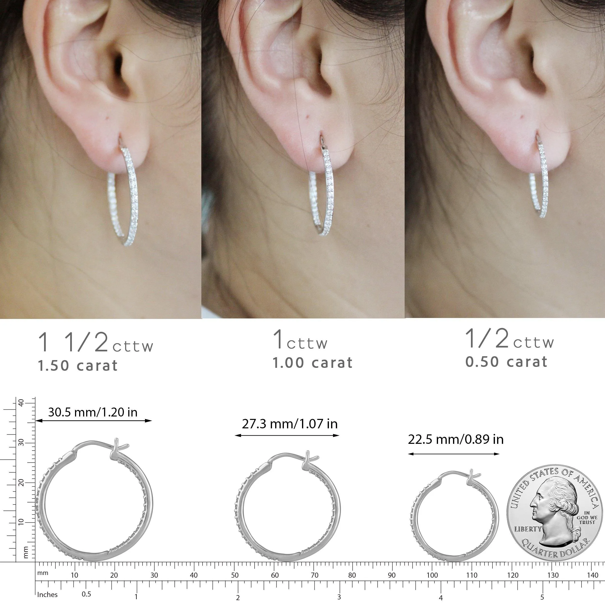 1/2 - 1 1/2ct tw Diamond Hoop Earrings in Sterling Silver
