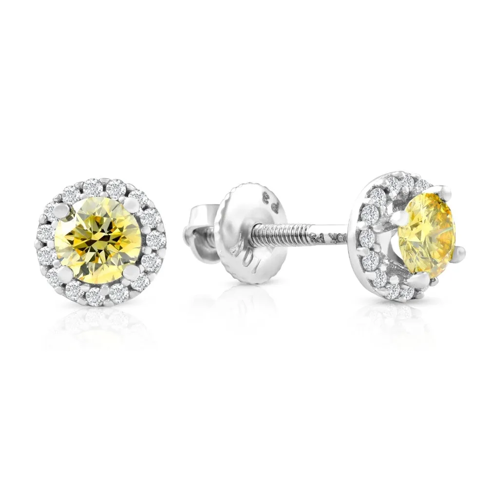 1/2 Ct Halo Fancy Canary Yellow Lab Grown Diamond Studs 10k White Gold Earrings