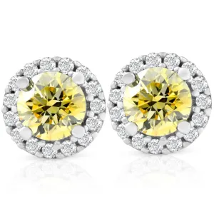 1/2 Ct Halo Fancy Canary Yellow Lab Grown Diamond Studs 10k White Gold Earrings