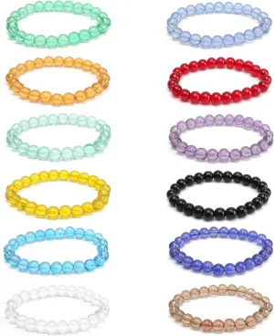 12PCS Crystal Stone Beaded Bracelets for Women Men Handmade Colorful Glass Beads Bracelet Semi-Precious Gemstones Bracelets 8mm Stretch Round Bead Bracelet Jewelry Gifts Unisex