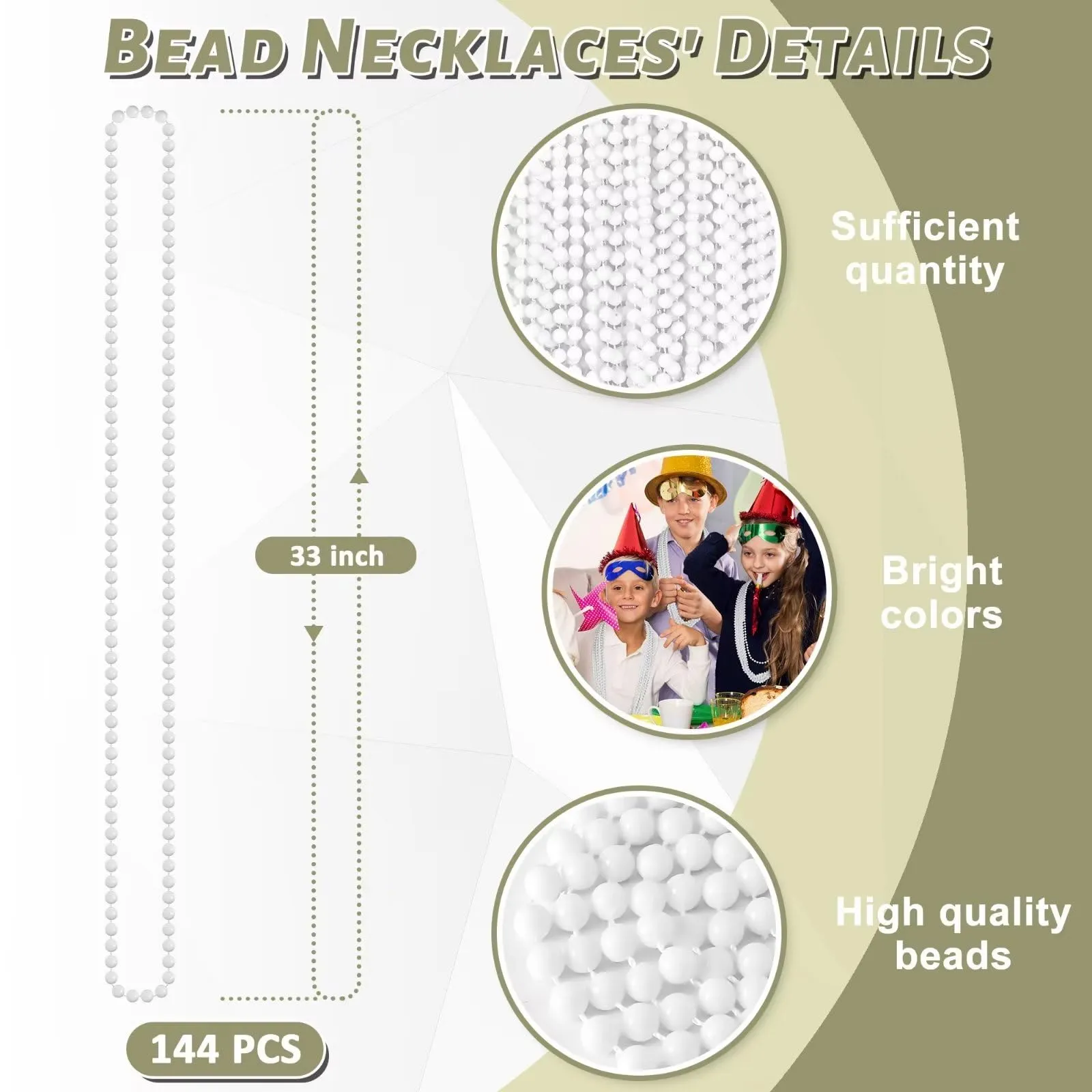 144PCS Bead Necklace, White Beaded Necklace Party Favors Bulk, 33" Mardi Gras Beads Necklaces Accessories, Festival Parade Throw Accessories for Baby Shower Wedding Birthday Celebrations Decorations