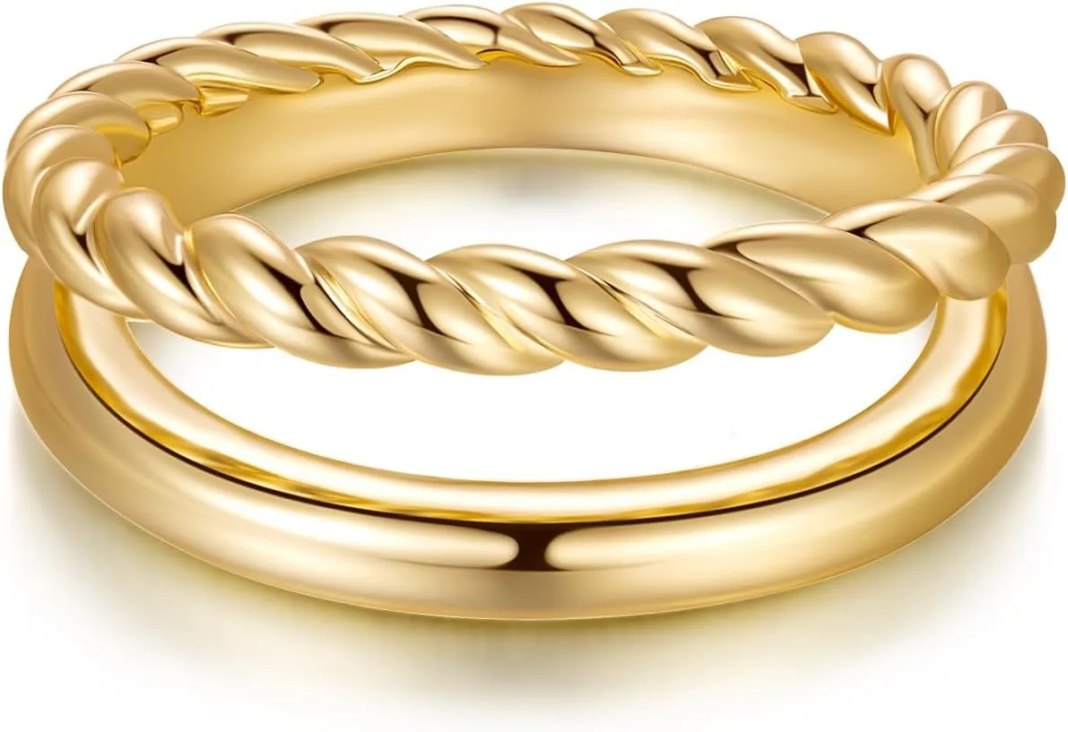 14K Gold Chunky Double Twisted Rings for Women Non-Tarnish Classic Gift Available in Sizes 5-9