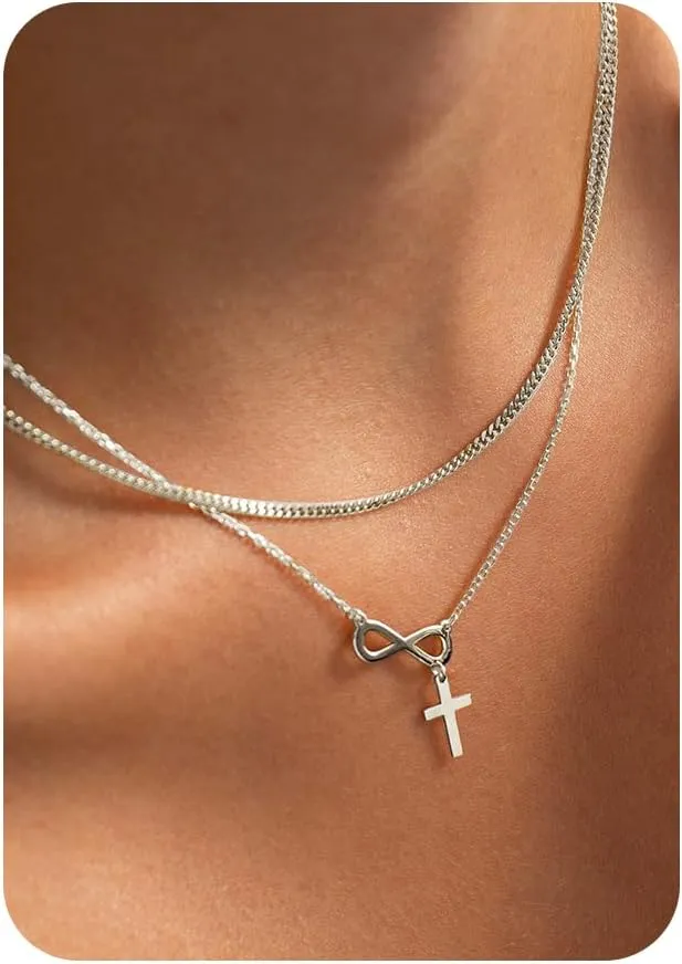 14K Gold Layered Cross Necklaces for Women,Tiny Small Sideways Cross Necklace Minimalist Christian Jewelry Gifts for Women Girls,2Pcs