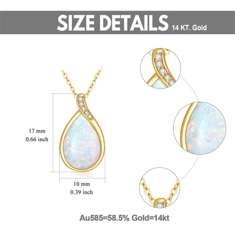 14K Gold Pear Shape TearDangle White Opal Moss Agate Pendant Necklace