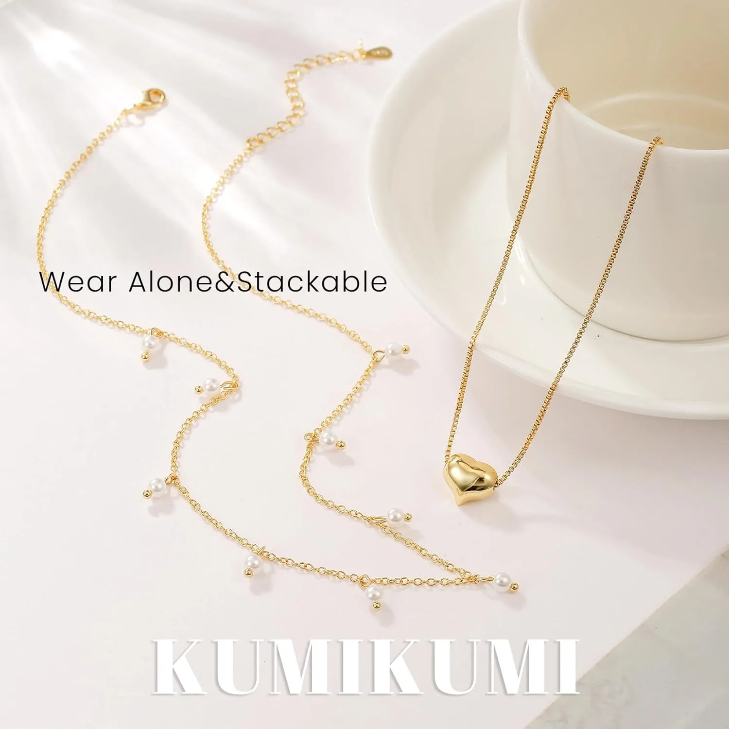 14K Gold Pearl Necklace for Women Trendy, Dainty Heart Layered Gold Necklaces Stack Cute Beach Choker Gold Necklaces for Women Set Gifts