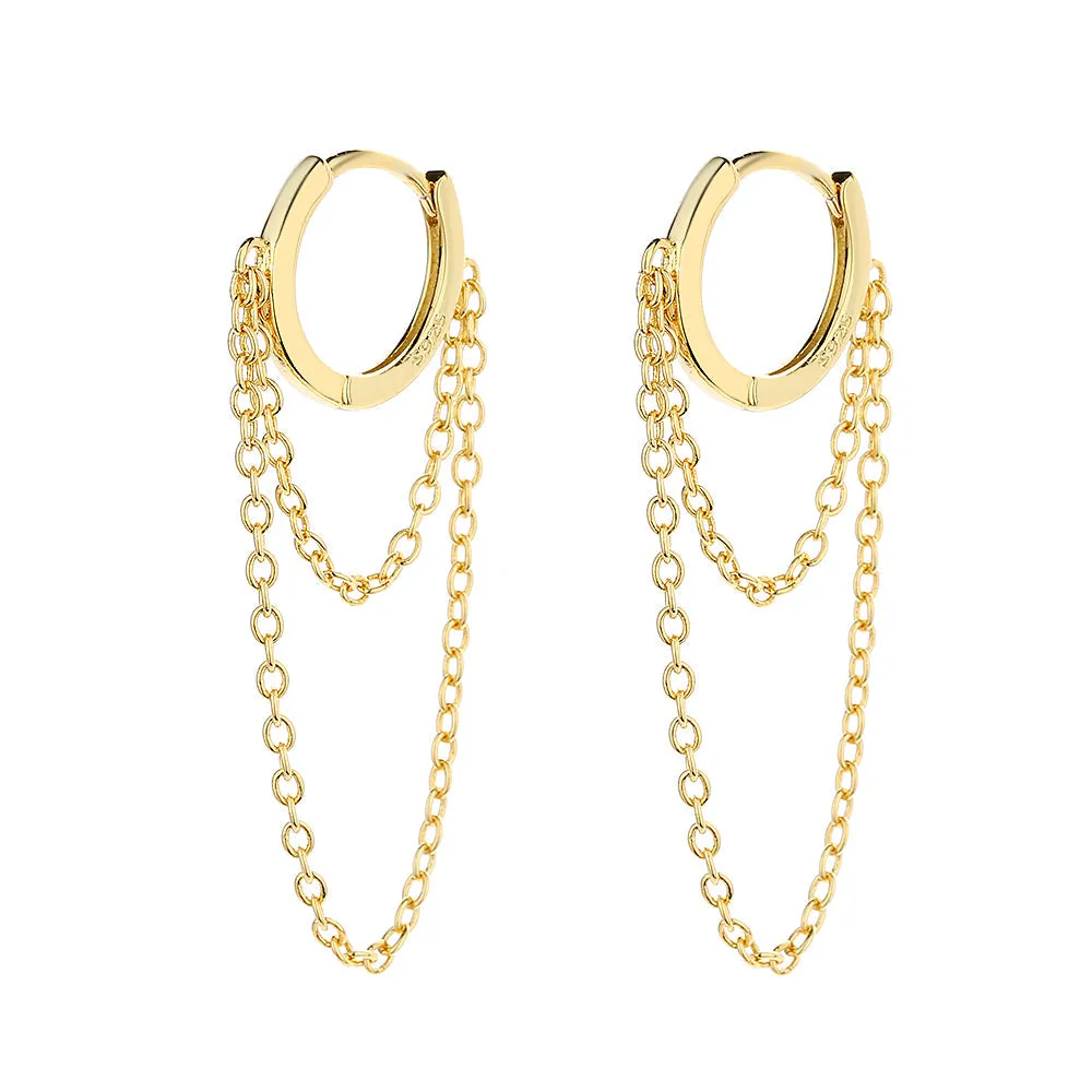 14k Gold Plated Huggie Hoop Double Chain Earring