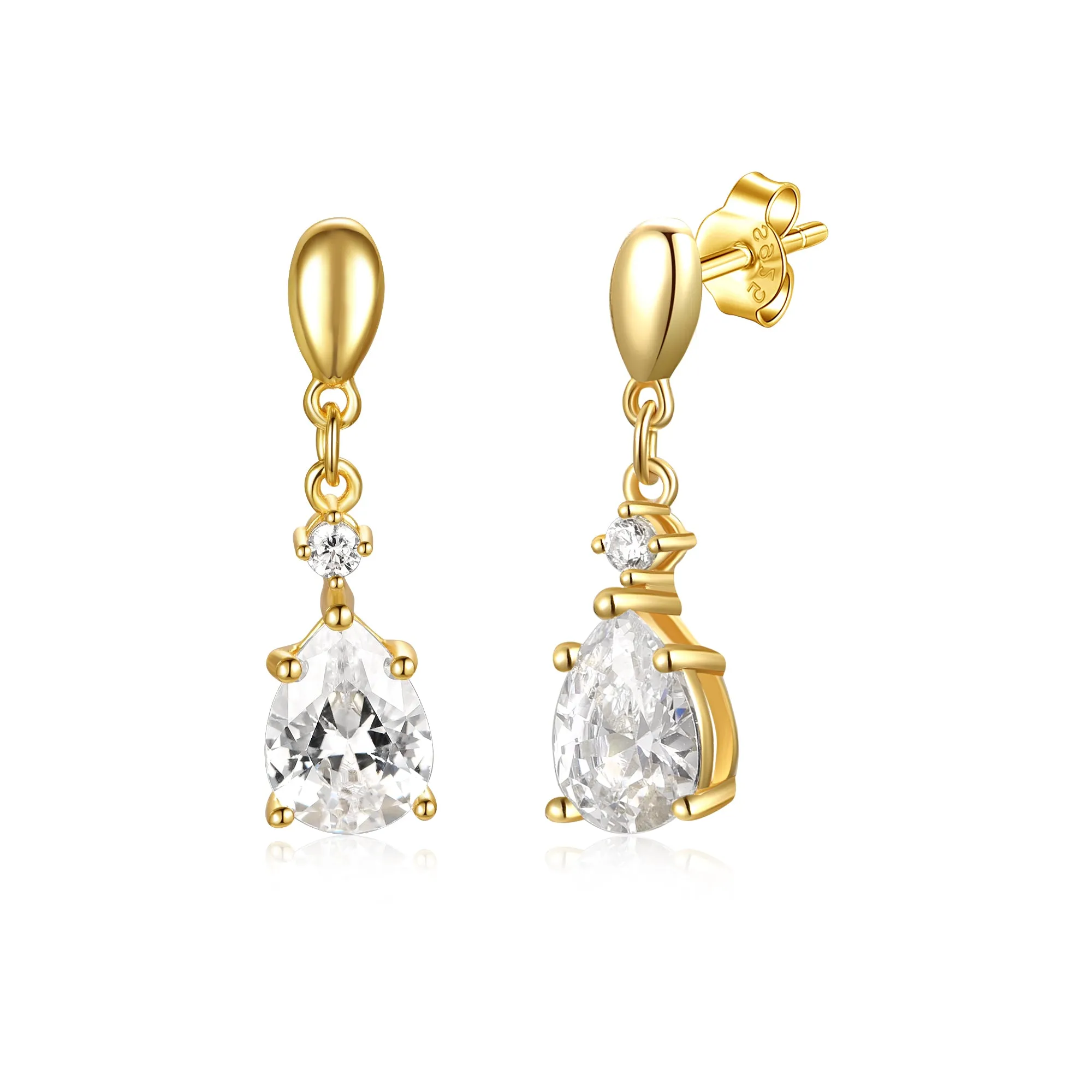14k Gold Plated with Diamond Cubic Zirconia Raindrop 2-Stone Dangle Earrings in Sterling Silver