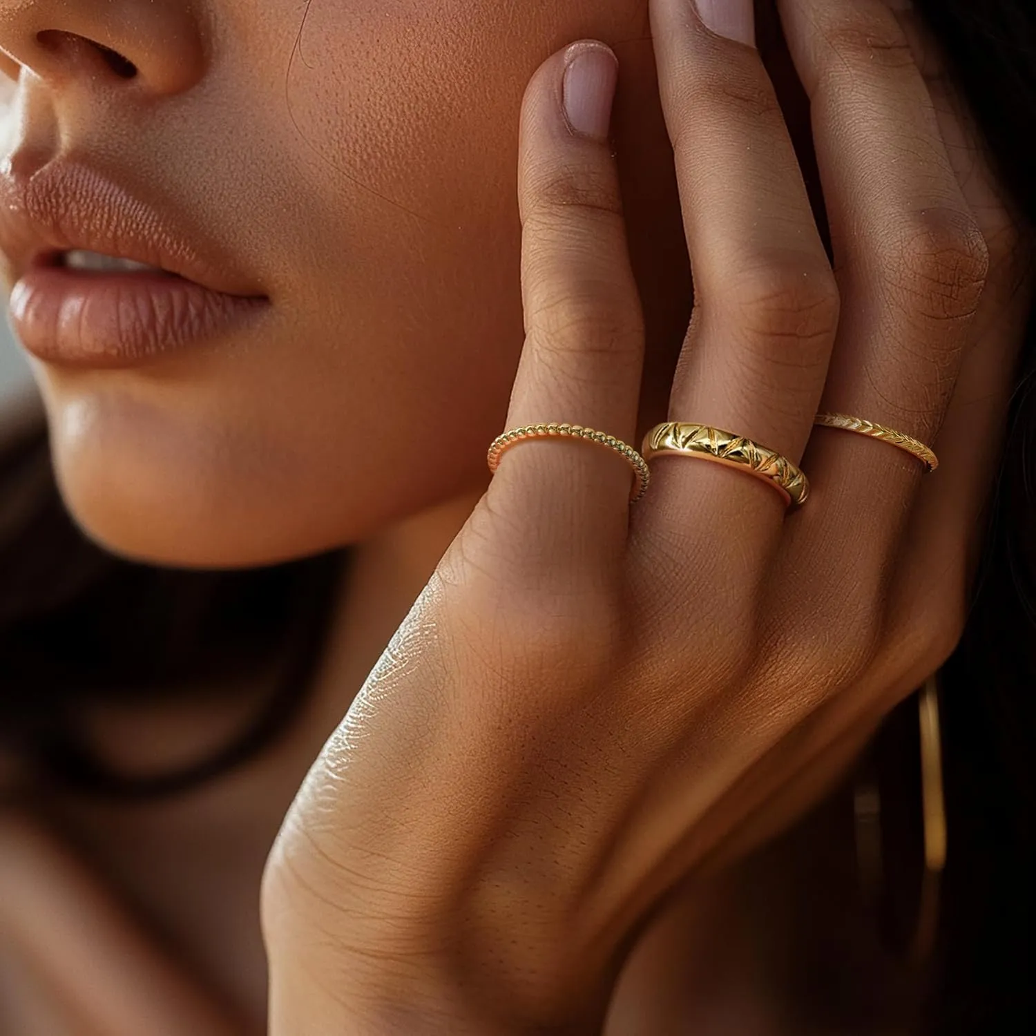 14K Gold Rings for Women Non Tarnish Beaded Womens Rings Stackable Trendy 5-9