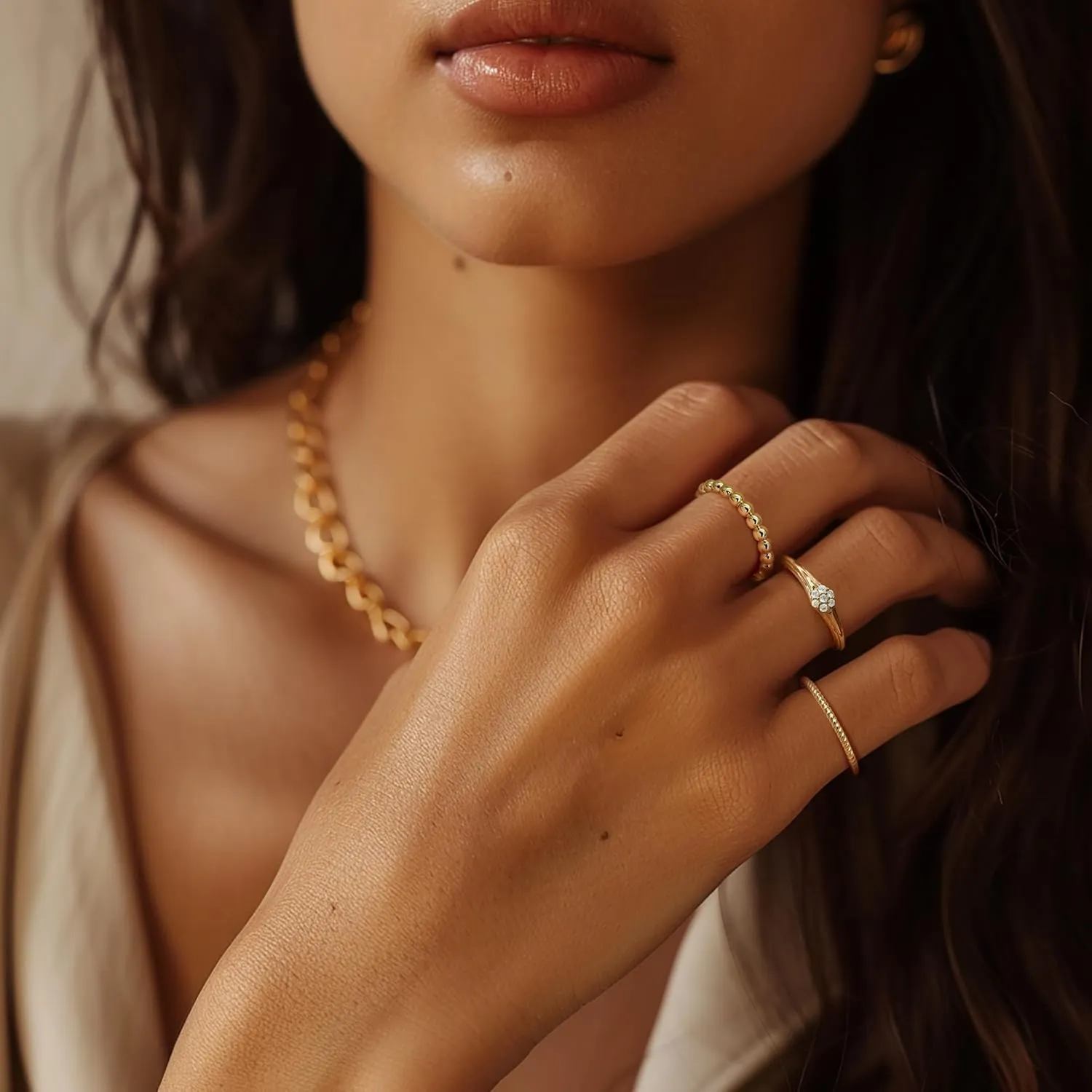 14K Gold Stackable Rings for Women Non Tarnish Beaded Rings Gold Jewelry for Women Size 5-9