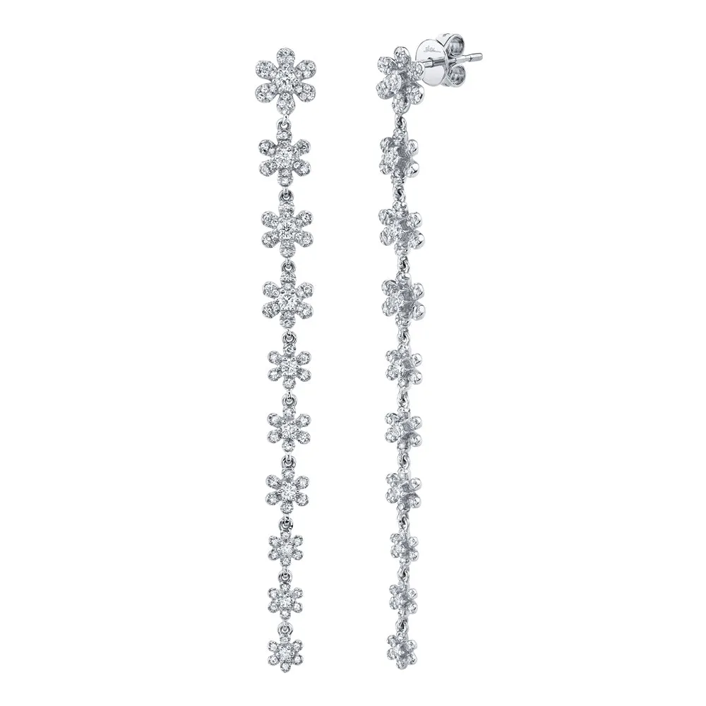 14k White Gold Diamond Flower Drop Earrings