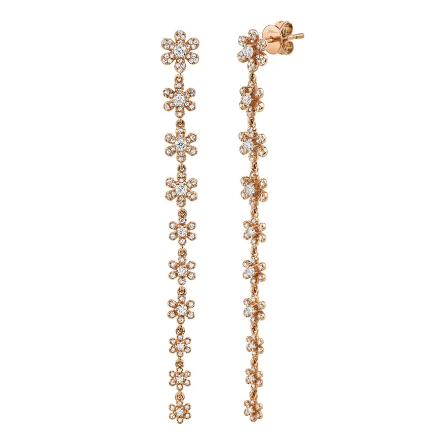 14k White Gold Diamond Flower Drop Earrings