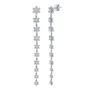 14k White Gold Diamond Flower Drop Earrings