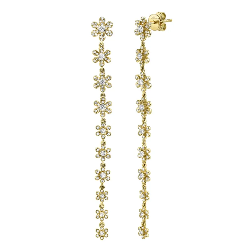 14k White Gold Diamond Flower Drop Earrings