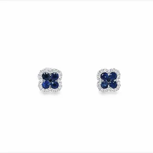 14k White Gold Round Blue Sapphire and Diamond Clover Halo Earrings (0.59ctw.)