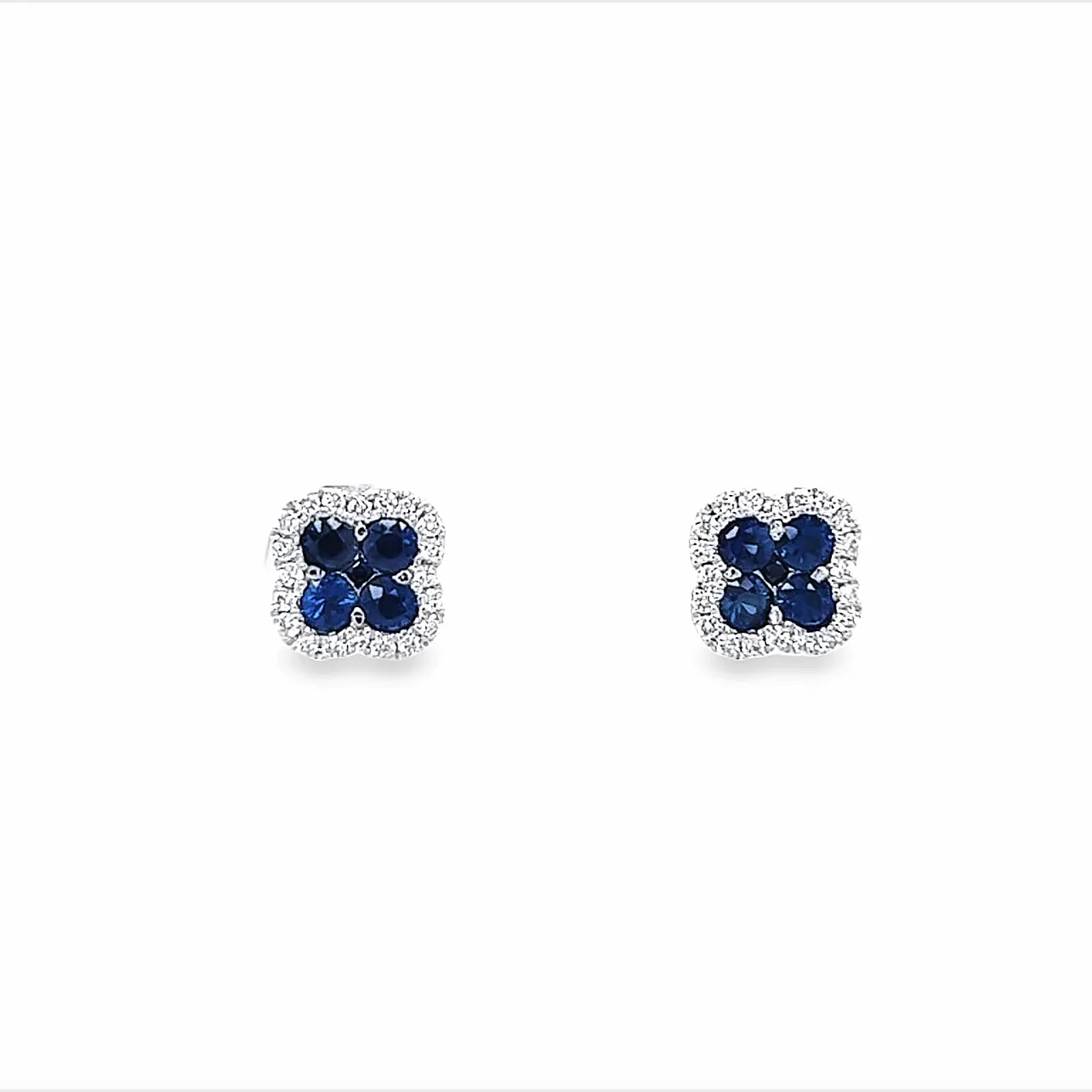 14k White Gold Round Blue Sapphire and Diamond Clover Halo Earrings (0.59ctw.)