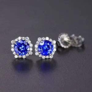 14k White Gold Tanzanite and Diamond Halo Stud Earrings 2.78 Carats