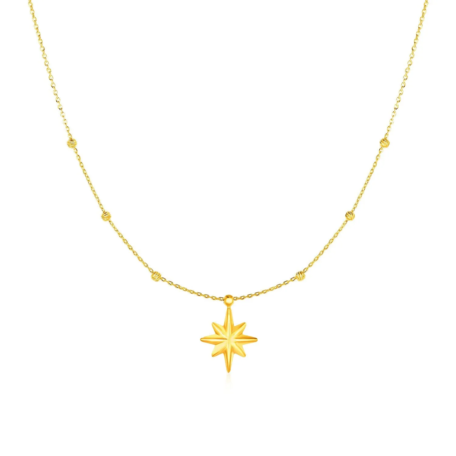14k Yellow Gold Necklace with Eight Pointed Star and Beads