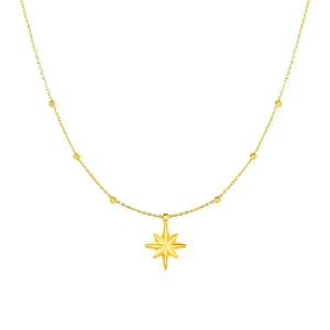 14k Yellow Gold Necklace with Eight Pointed Star and Beads