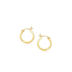 14k Yellow Gold Slender Hoop Earring Diamond-Cut Finish 15mm Diameter