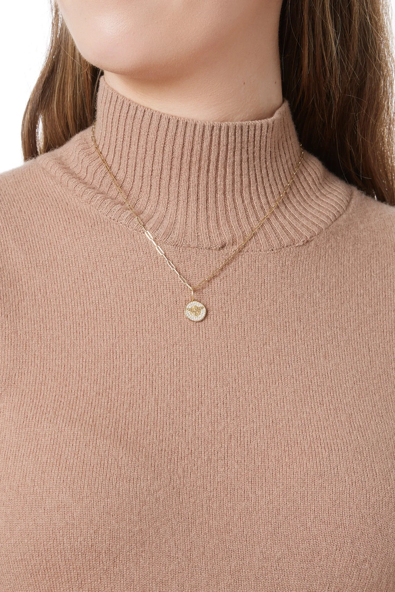 14KY Tiny Diamond Pave Circle With Gold Bee Charm