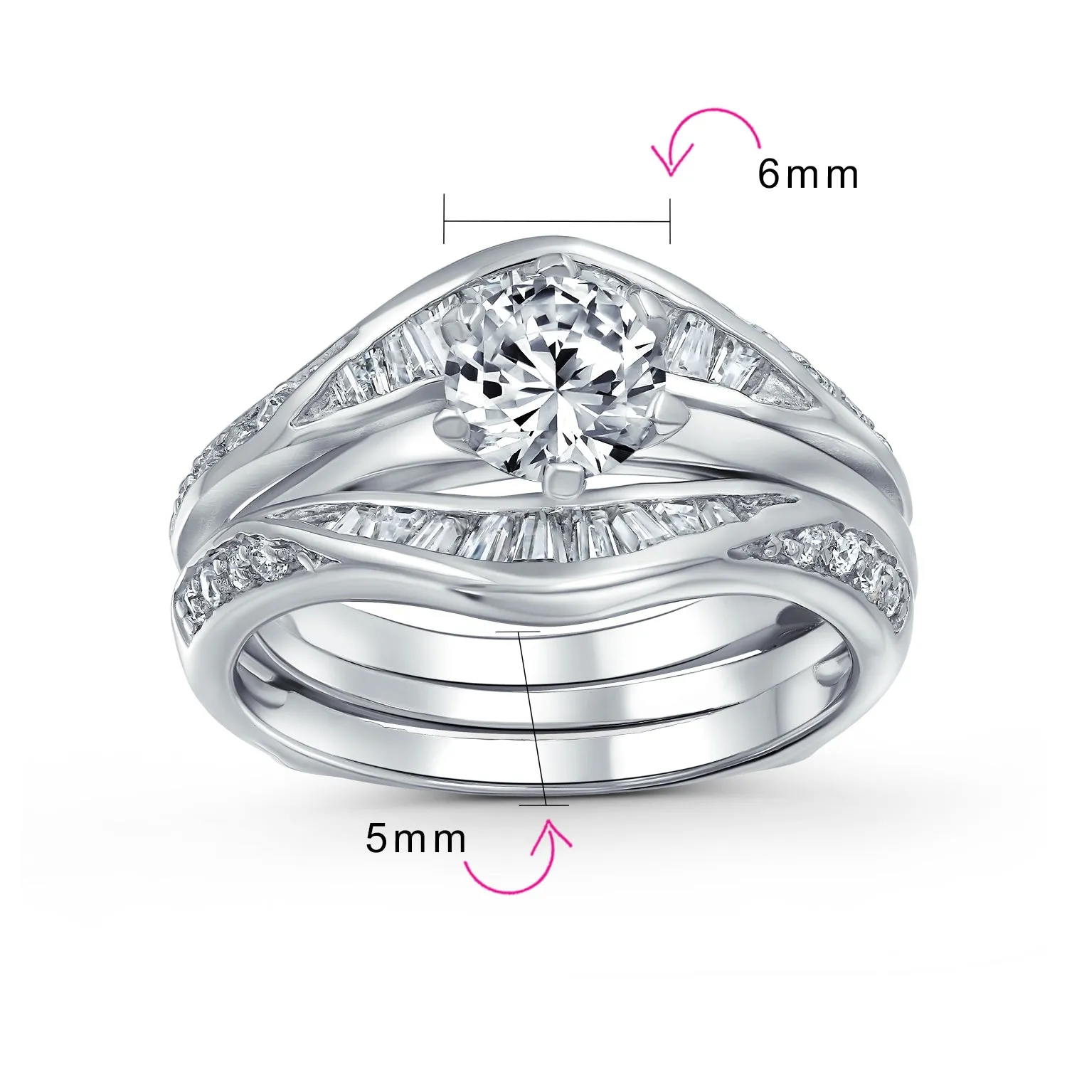 1.5CT Round Solitaire CZ Baguette Band Statement Bridal Ring Set Sterling Silver