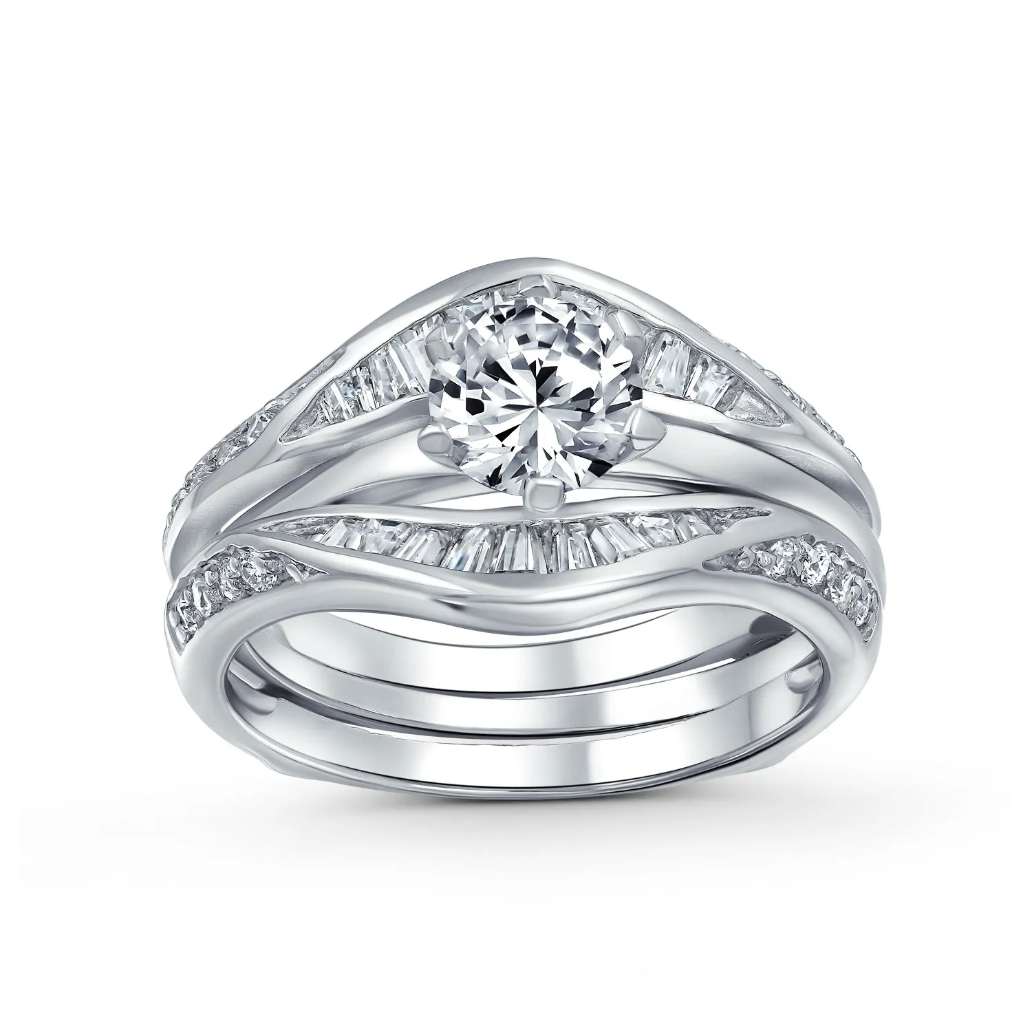 1.5CT Round Solitaire CZ Baguette Band Statement Bridal Ring Set Sterling Silver