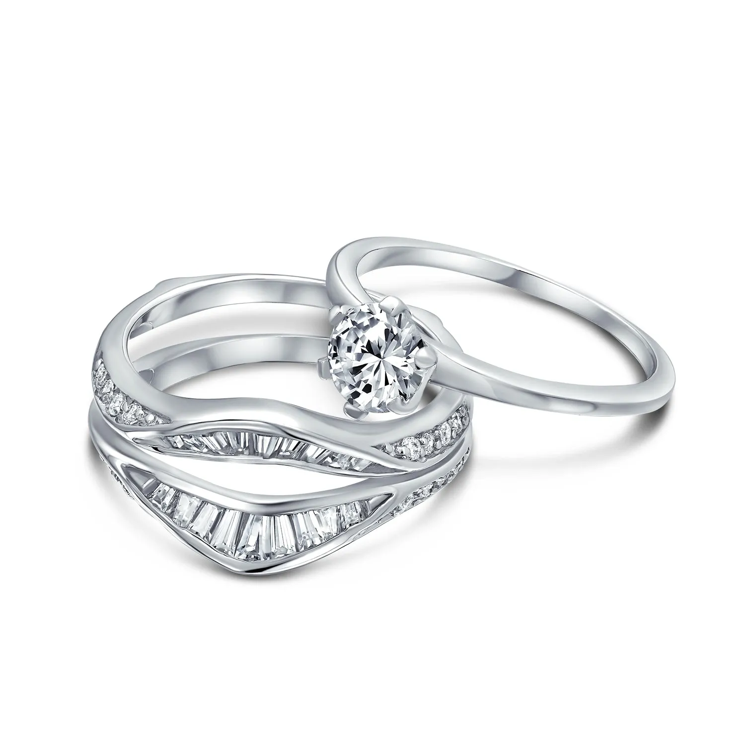 1.5CT Round Solitaire CZ Baguette Band Statement Bridal Ring Set Sterling Silver