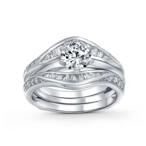 1.5CT Round Solitaire CZ Baguette Band Statement Bridal Ring Set Sterling Silver