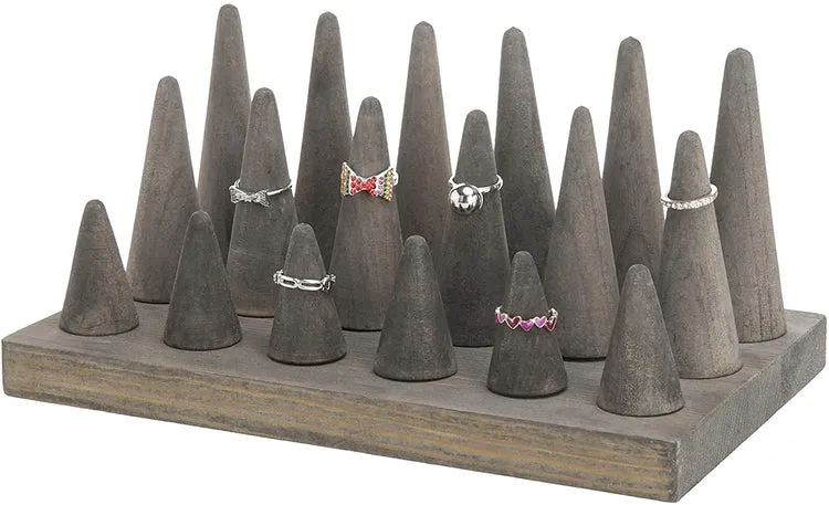 18-Finger Grey Wood Ring Holder, Decorative Jewelry Display Organizer Tray