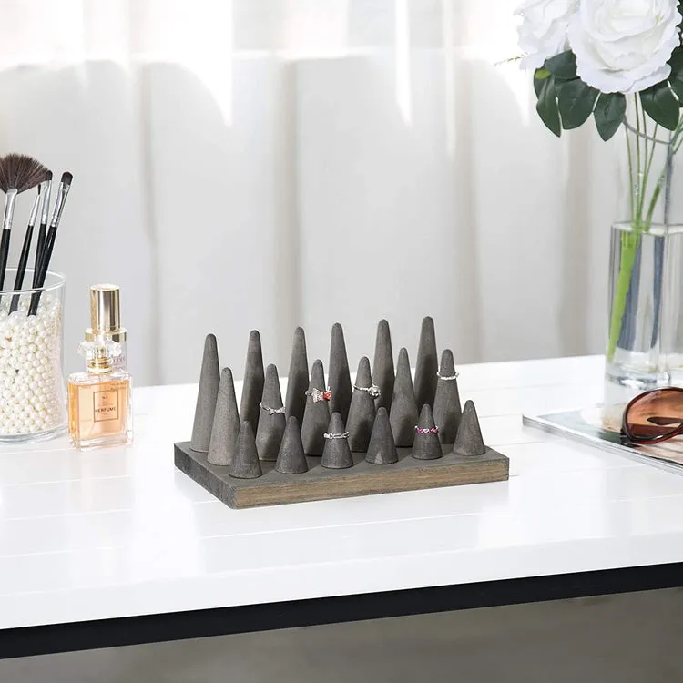 18-Finger Grey Wood Ring Holder, Decorative Jewelry Display Organizer Tray
