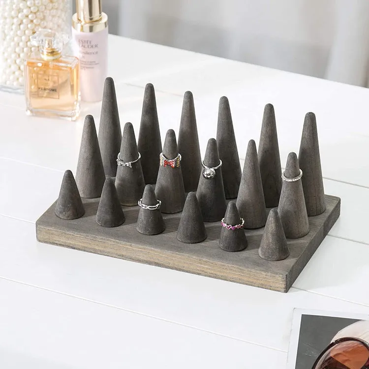 18-Finger Grey Wood Ring Holder, Decorative Jewelry Display Organizer Tray