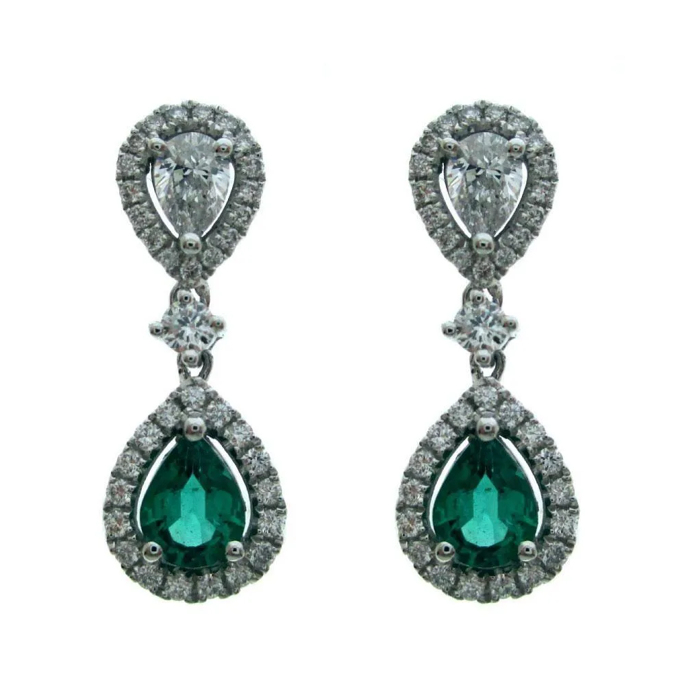 18ct White Gold Pear Shape Emerald 0.47ct Diamond Drop Earrings