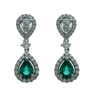 18ct White Gold Pear Shape Emerald 0.47ct Diamond Drop Earrings