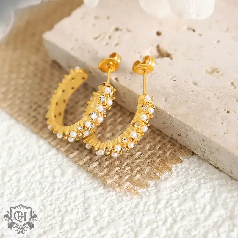 18K Gold Diamond Pearl C Earrings