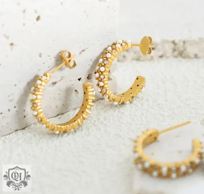 18K Gold Diamond Pearl C Earrings