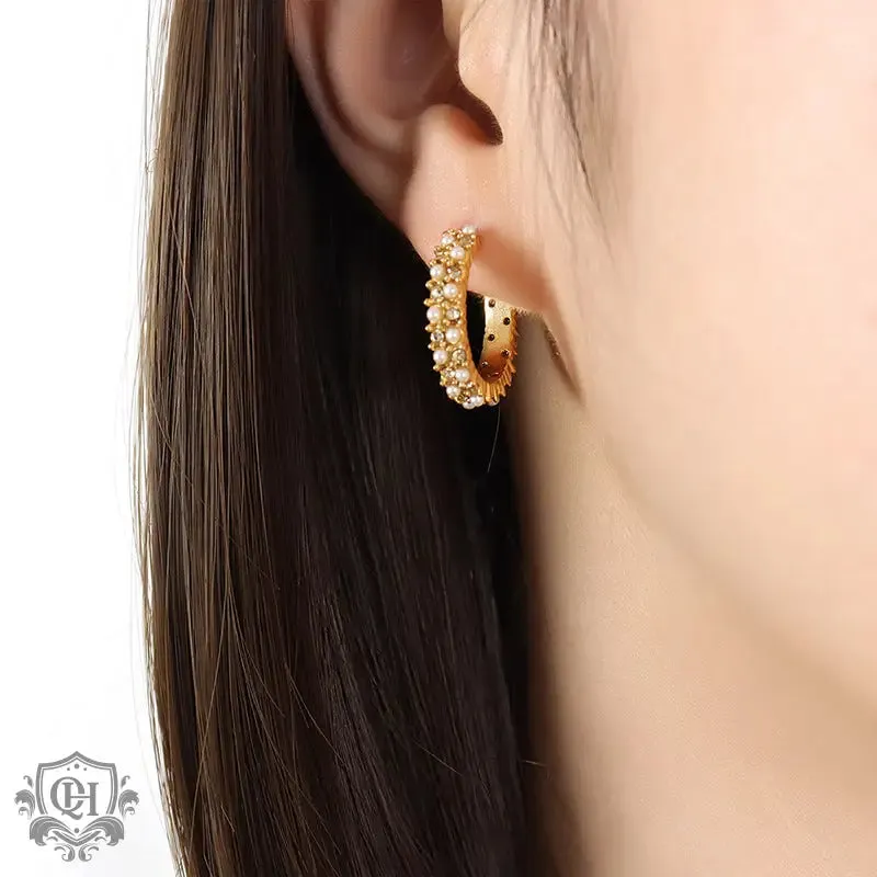 18K Gold Diamond Pearl C Earrings