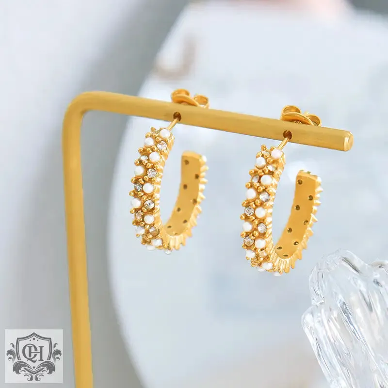 18K Gold Diamond Pearl C Earrings