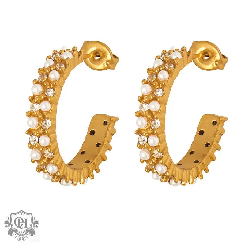 18K Gold Diamond Pearl C Earrings