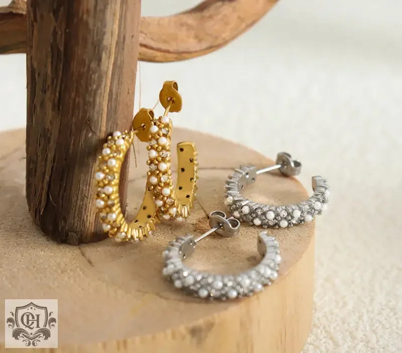 18K Gold Diamond Pearl C Earrings