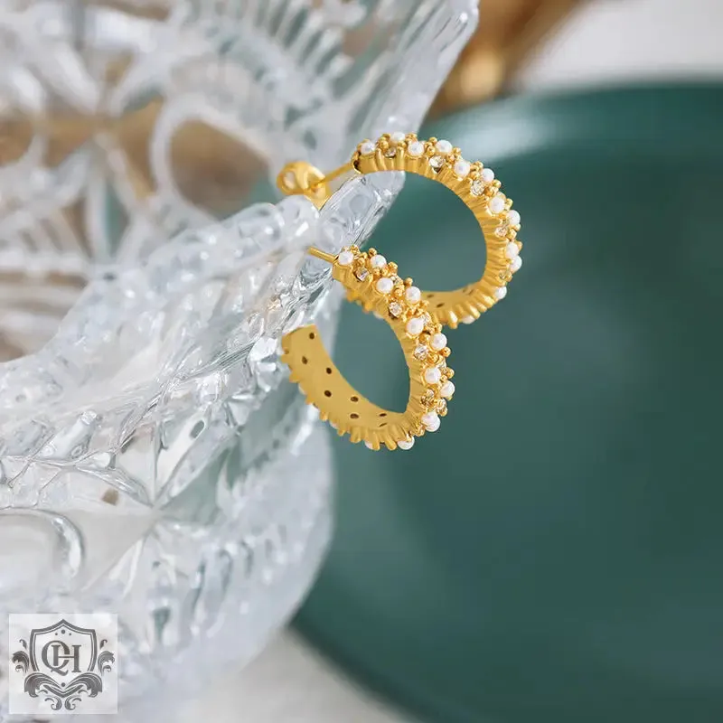 18K Gold Diamond Pearl C Earrings