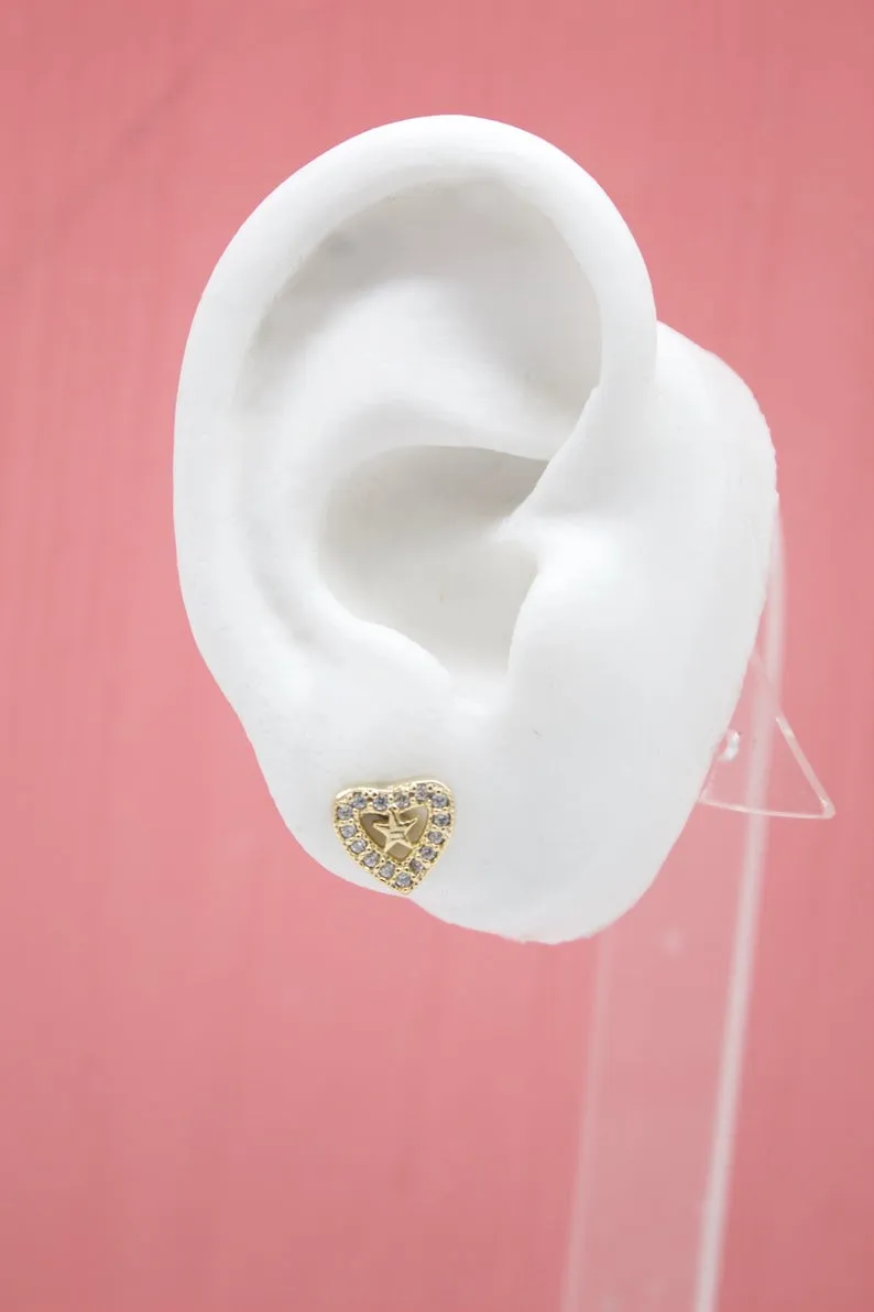 18K Gold Filled Heart Star Earrings With Micro CZ Cubic Zirconia Stones