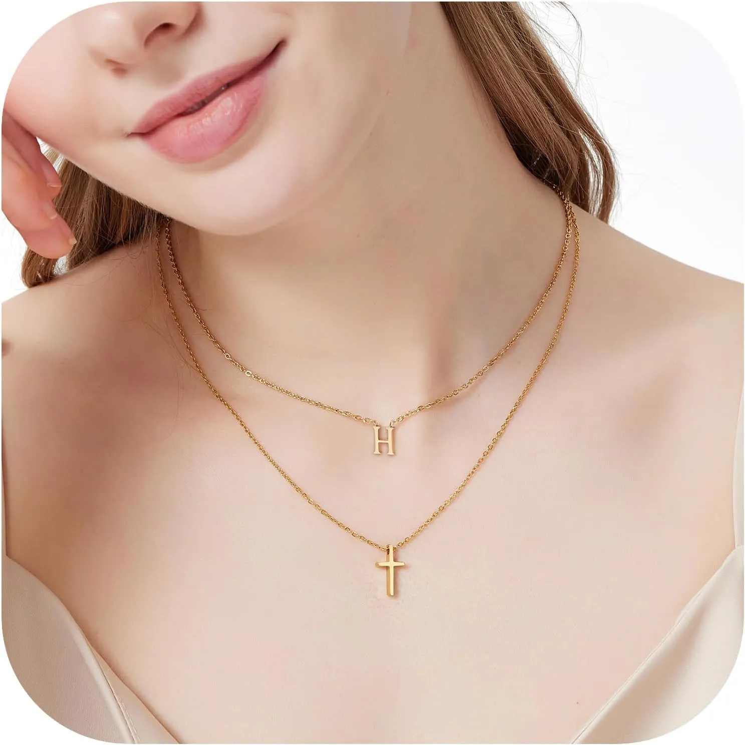 18k Gold Initial and Cross Layered Necklaces for Women Dainty Christian Jewelry Personalized Name Necklace Christian Gift for Her Friendship Elegant Gold Necklace for Women