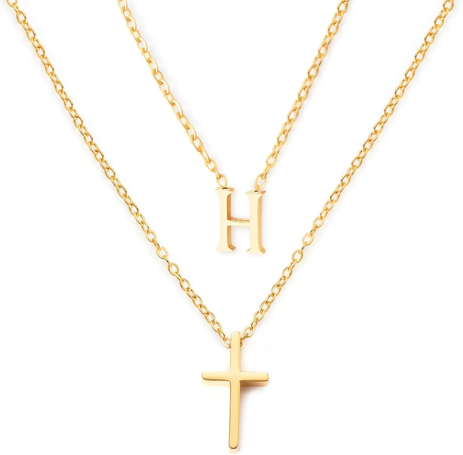 18k Gold Initial and Cross Layered Necklaces for Women Dainty Christian Jewelry Personalized Name Necklace Christian Gift for Her Friendship Elegant Gold Necklace for Women